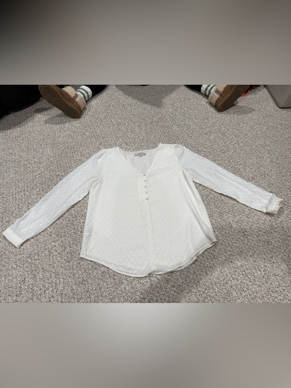 LOFT White Textured V-Neck Blouse with Button Placket